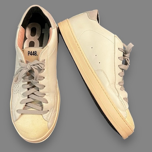 P448 John Leather Sneaker White Low Top Lace Up Pink Midsole Preppy 38/7.5-8